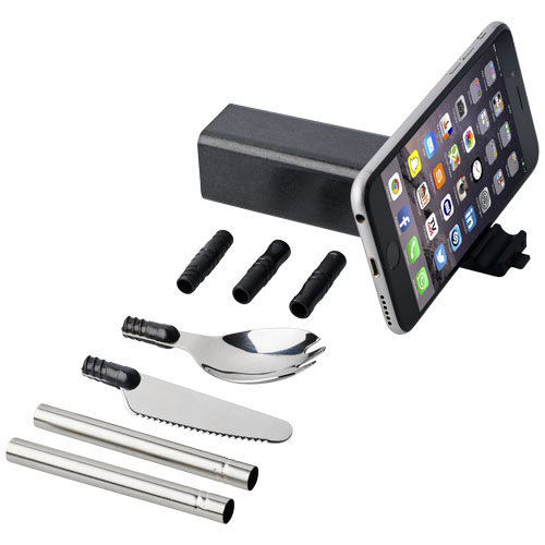 Galen Wheat Straw Cutlery Set With Phone Holder - Black