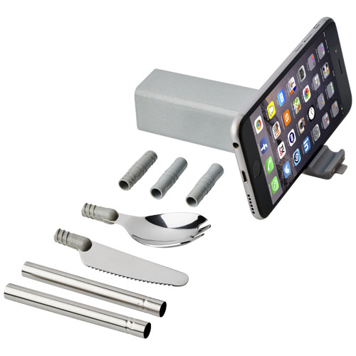 Galen Wheat Straw Cutlery Set With Phone Holder - Grey