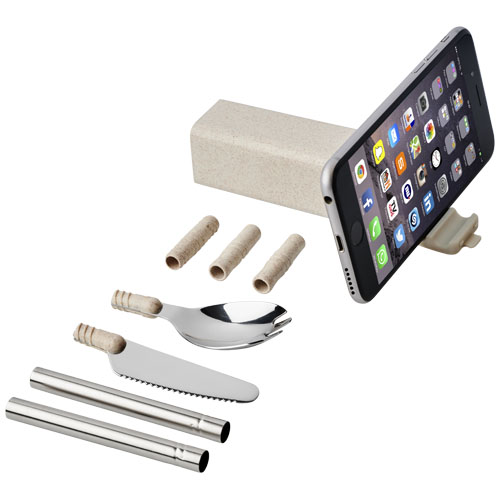 Galen Wheat Straw Cutlery Set With Phone Holder - Beige