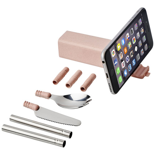 Galen Wheat Straw Cutlery Set With Phone Holder - Light Pink