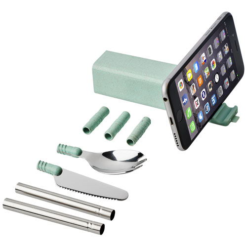 Galen Wheat Straw Cutlery Set With Phone Holder - Mint