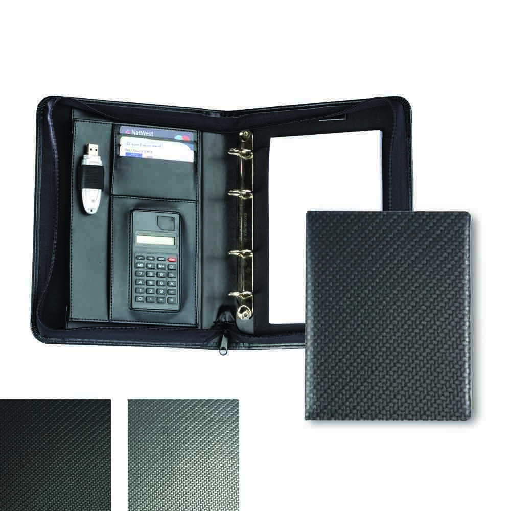 Carbon Fibre Textured PU A5 Deluxe Zipped Ring Binder With Calculator