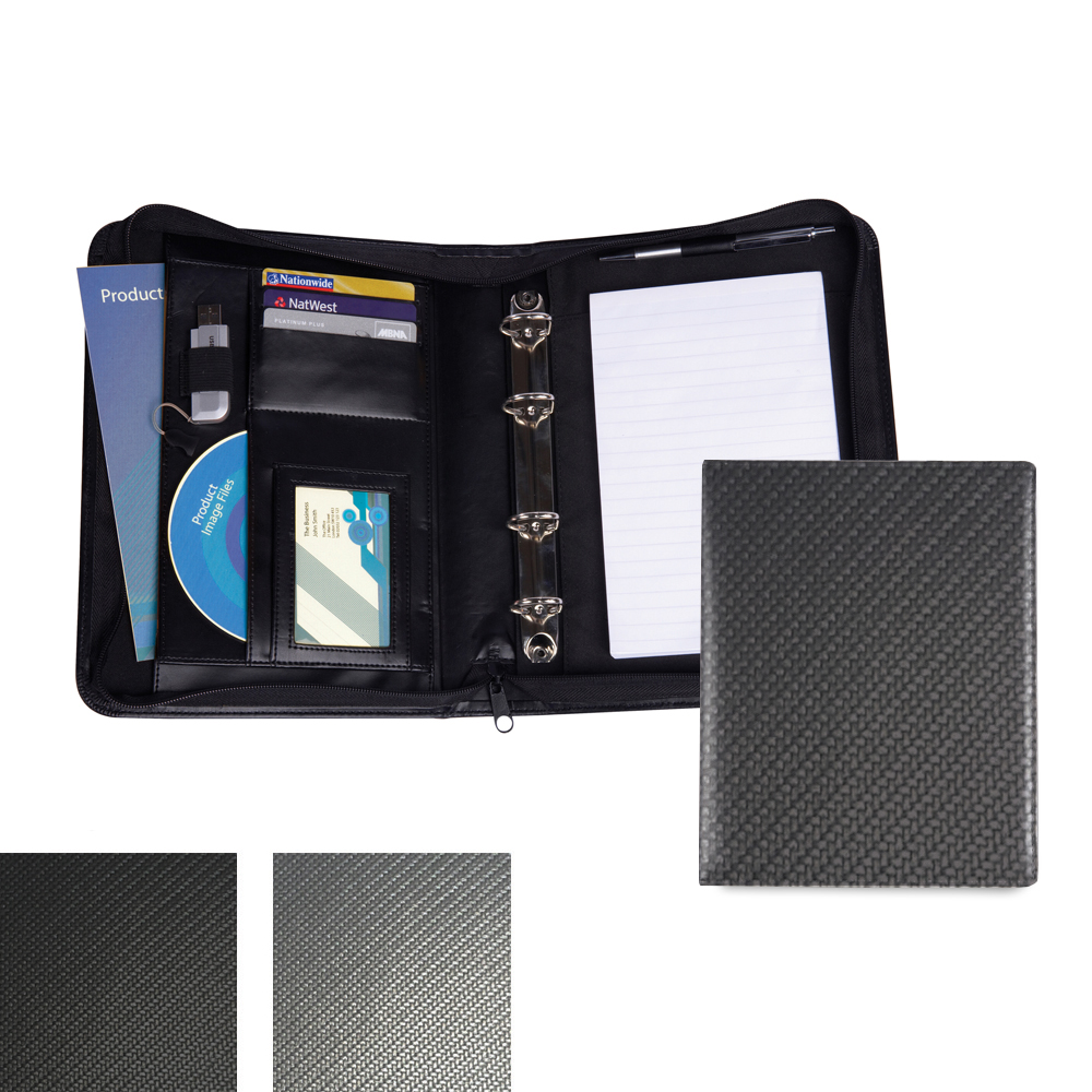 Carbon Fibre Textured PU A5 Deluxe Zipped Ring Binder