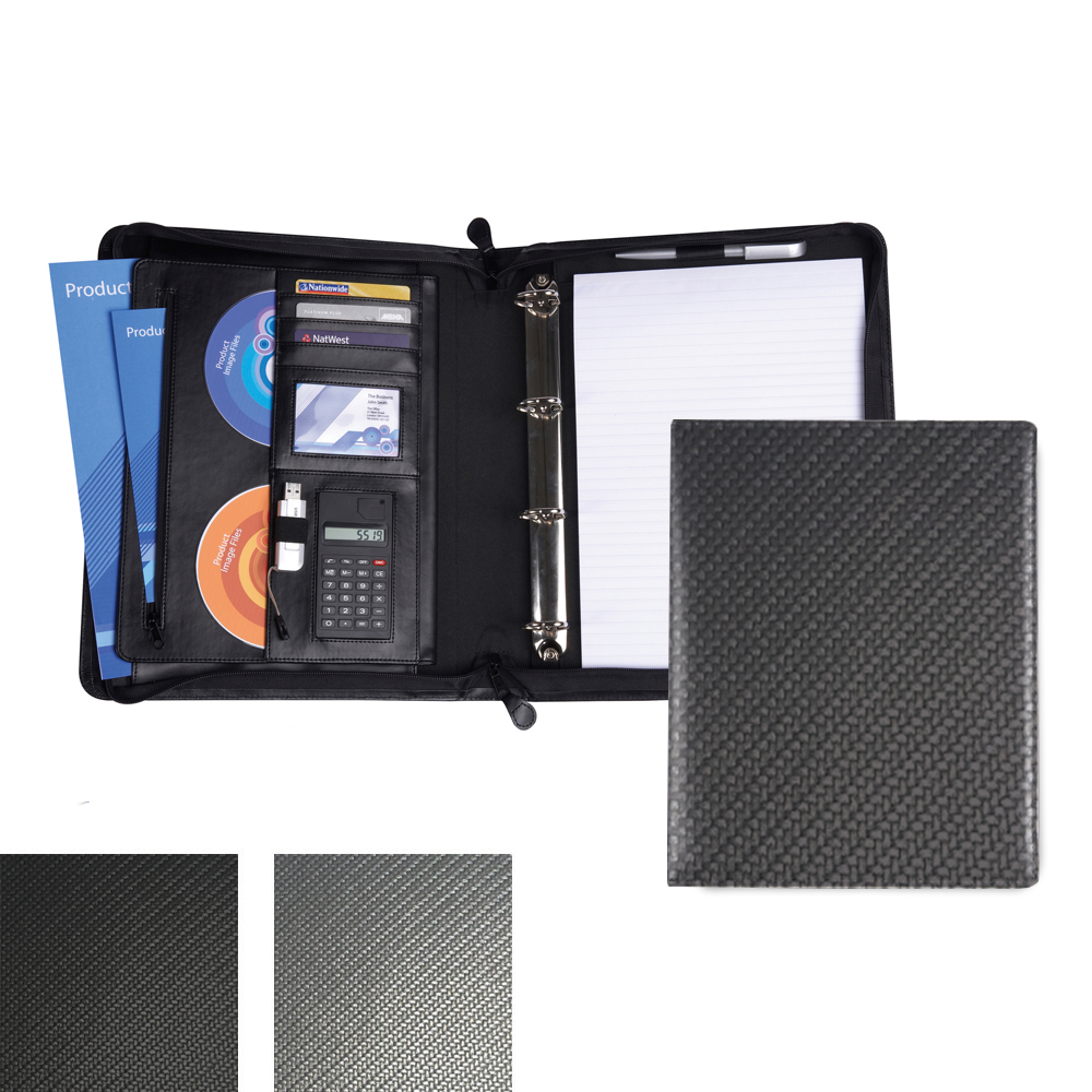 Carbon Fibre Textured PU Deluxe Zipped Ring Binder With Calculator