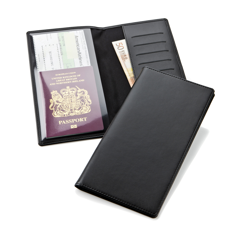 Black Belluno Travel Wallet With One Clear Pocket & One Material Pocket With Card Slots