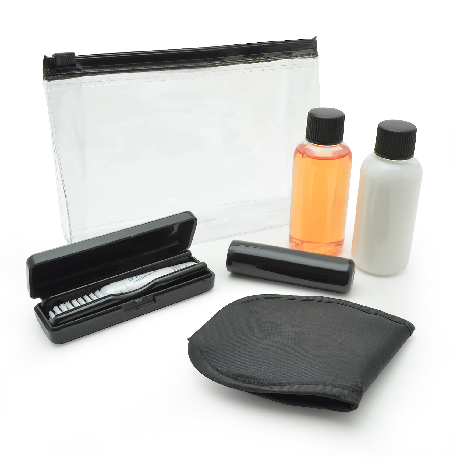 Black Travel Set In A Pvc Zippered Bag