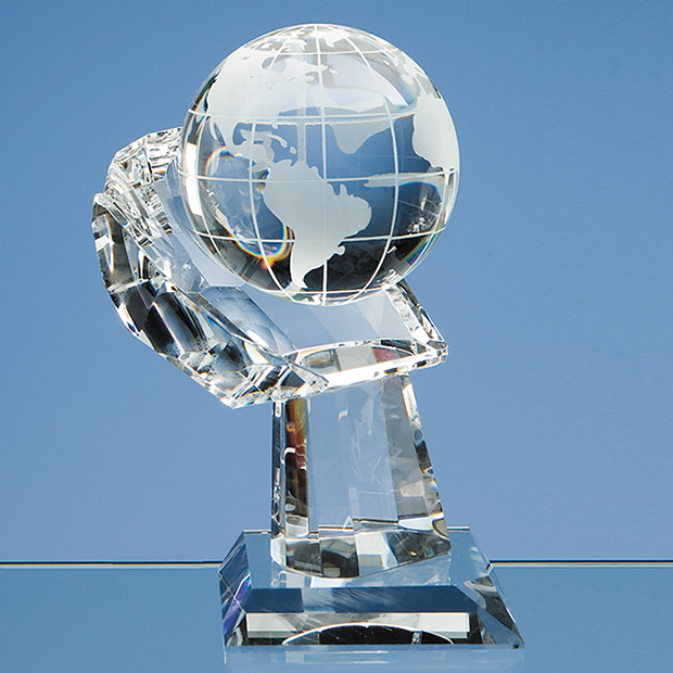 8cm Optical Crystal Globe On Mounted Hand Award