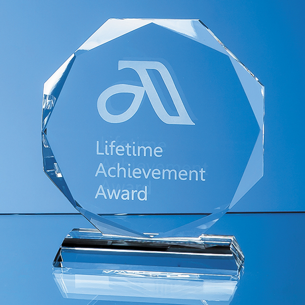 12cm X 12cm X 15mm Clear Glass Facetted Octagon Award