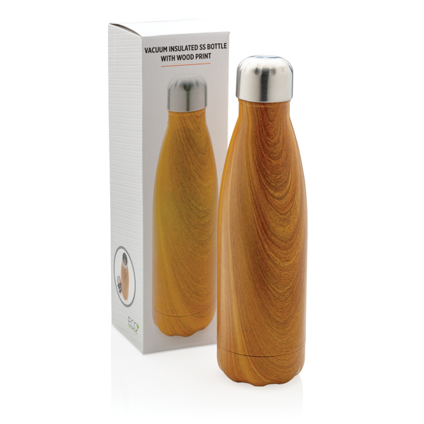Vacuum Insulated Ss Bottle With Wood Print, Yellow