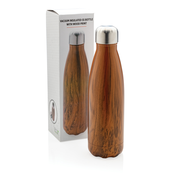 Vacuum Insulated Ss Bottle With Wood Print, Brown
