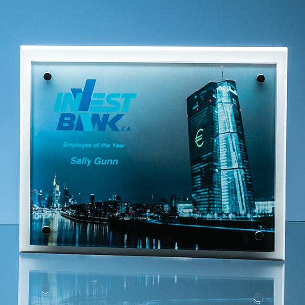 15cm X 20cm X 5mm Clear Glass Rectangle Mounted On A 17mm Thick White Wood Plaque