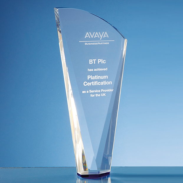 25.5cm Clear Optical Crystal Facet Shard Award With A Sapphire Blue Base