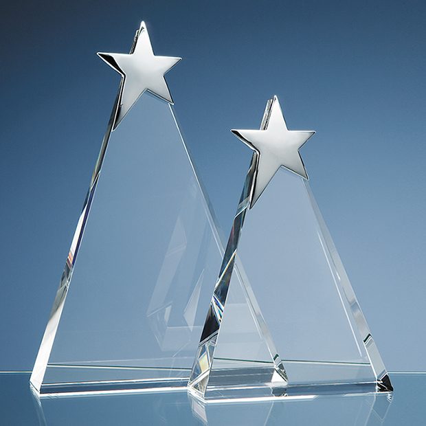 25cm Optical Crystal Triangle Award With Silver Star