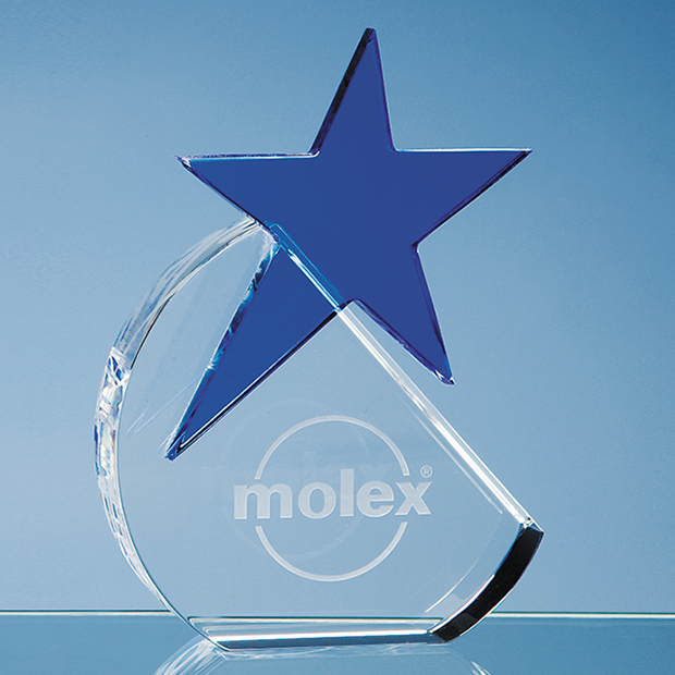 15cm Optical Crystal Circle With A Cobalt Blue Star Award