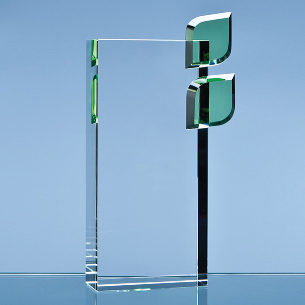 22cm Optical Crystal 'Eco Excellence' Award With Double Green Leafs