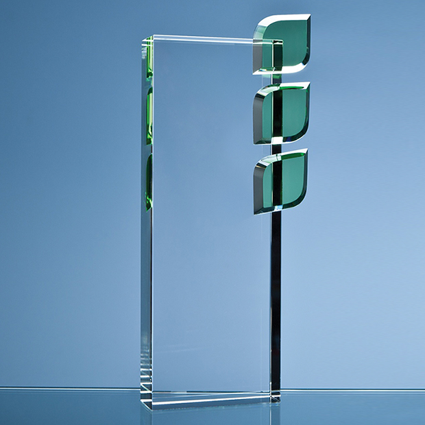 27cm Optical Crystal 'Eco Excellence' Award With Triple Green Leafs