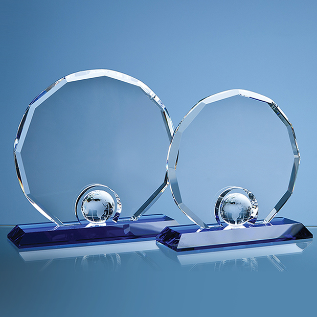 17.5cm Optical Crystal Decagon With Globe On A Blue Base