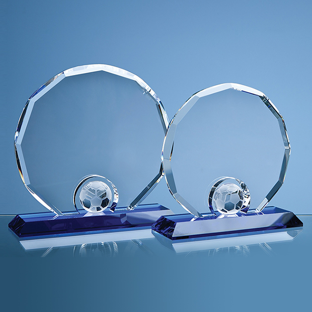 20cm Optical Crystal Decagon With Football On A Blue Base
