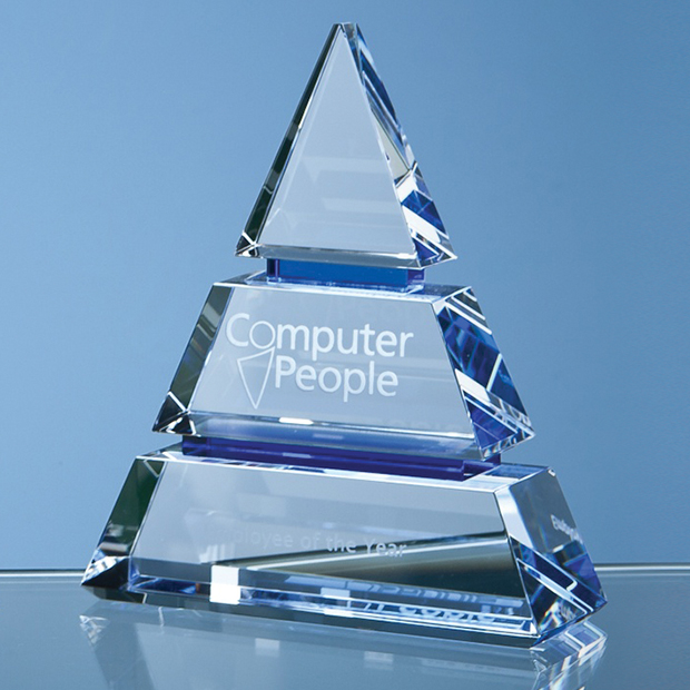 15cm Clear Optical Crystal Luxor Award With 2 Cobalt Blue Lines