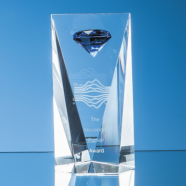 20.5cm Optical Crystal Facet Rectangle With A Mounted Sapphire Blue Diamond