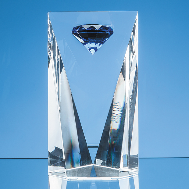 23cm Optical Crystal Facet Rectangle With A Mounted Sapphire Blue Diamond