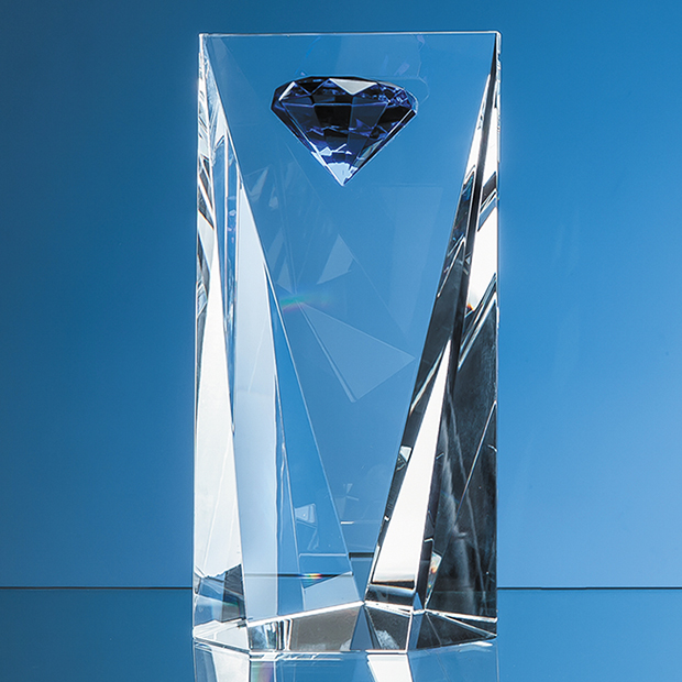 25cm Optical Crystal Facet Rectangle With A Mounted Sapphire Blue Diamond