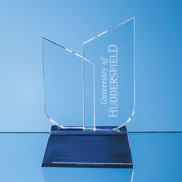 17cm Optical Crystal Double Slope Award On A Sapphire Blue Base