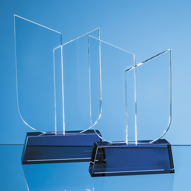 22cm Optical Crystal Double Slope Award On A Sapphire Blue Base