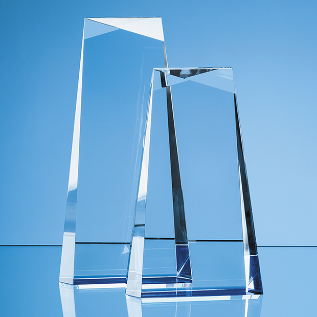 19cm Optical Crystal Facet Top Tapered Rectangle With A Cobalt Blue Base