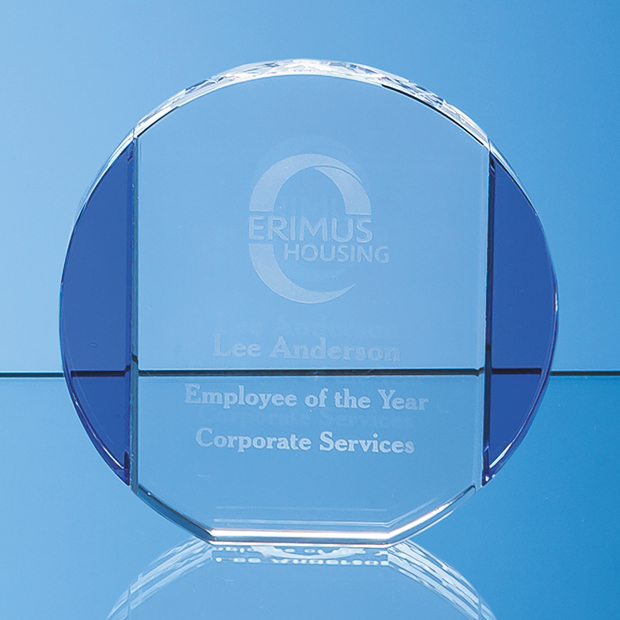 20.5cm Clear & Cobalt Blue Optical Crystal Column Circle Award