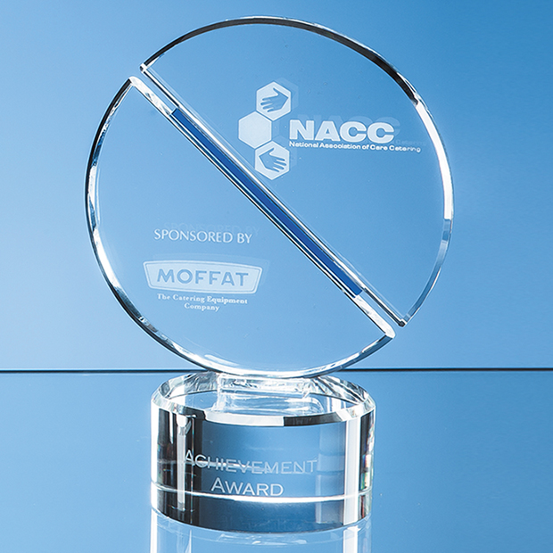 17.5cm Optical Crystal Mounted Circle Award With A Single Diagonal Cobalt Blue Line