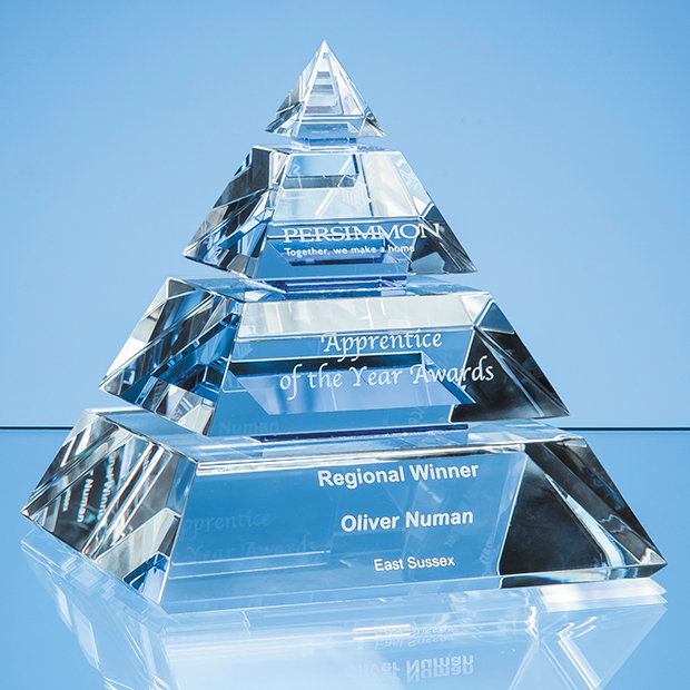 16cm Clear Optical Crystal Luxor Pyramid Award With 3 Cobalt Blue Lines