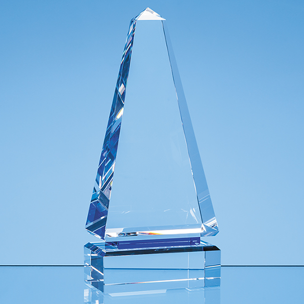 23cm Clear Optical Crystal Cenotaph Award With A Single Cobalt Blue Line