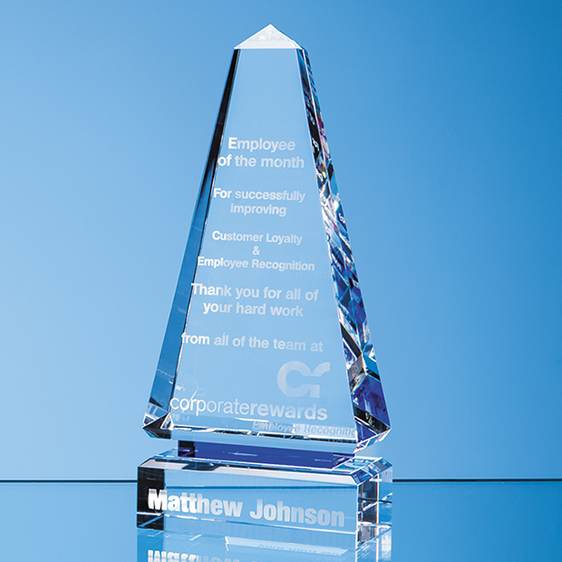 26cm Clear Optical Crystal Cenotaph Award With A Single Cobalt Blue Line