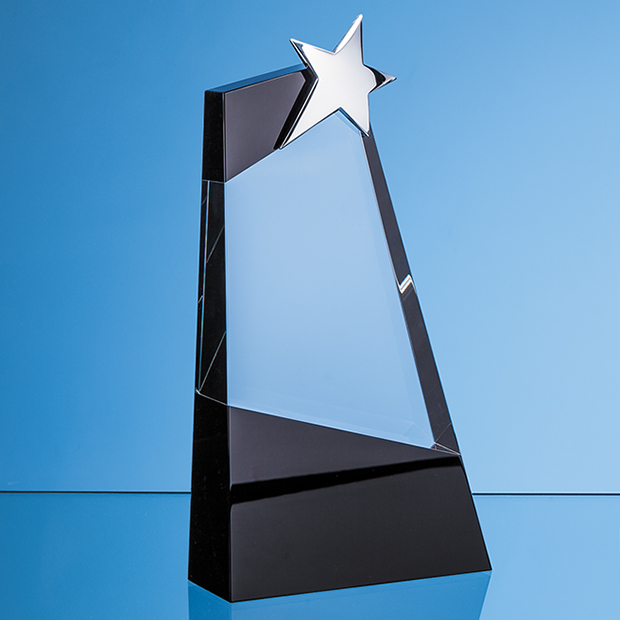 26cm Clear & Onyx Black Optical Crystal Slope Award With Silver Star