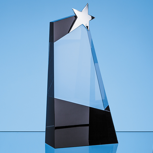28cm Clear & Onyx Black Optical Crystal Slope Award With Silver Star