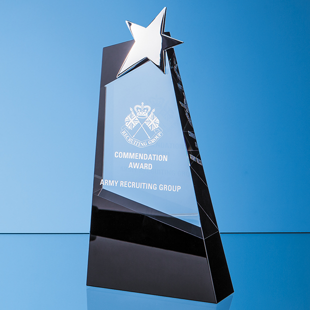 31cm Clear & Onyx Black Optical Crystal Slope Award With Silver Star