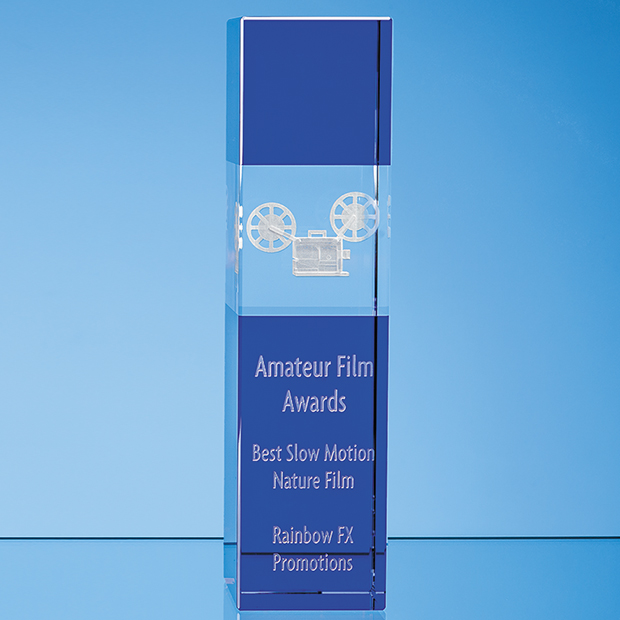 28cm Clear & Cobalt Blue Optical Crystal Square Column Award