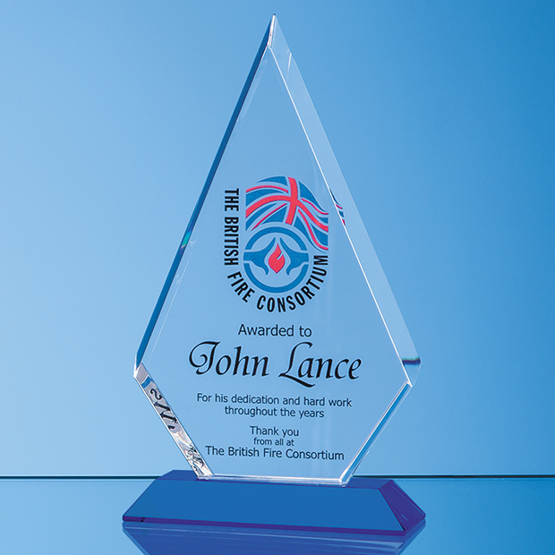 22.5cm Optical Crystal Facet Diamond Award On A Sapphire Blue Base