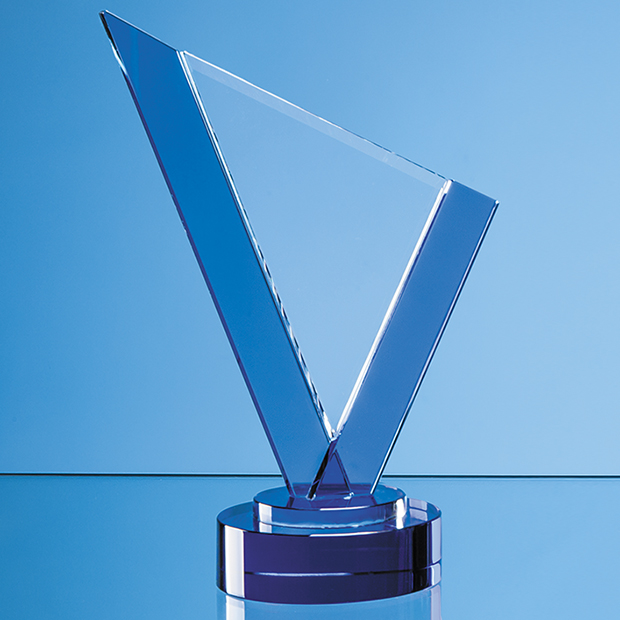 20cm Clear & Cobalt Blue Optical Crystal Peak Award On A Round Blue Base