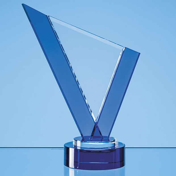 23cm Clear & Cobalt Blue Optical Crystal Peak Award On A Round Blue Base