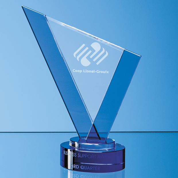 25cm Clear & Cobalt Blue Optical Crystal Peak Award On A Round Blue Base