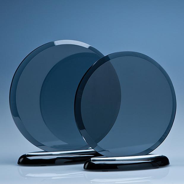 19cm X 10mm Smoked Glass Circle On A Black Piano Finish Base