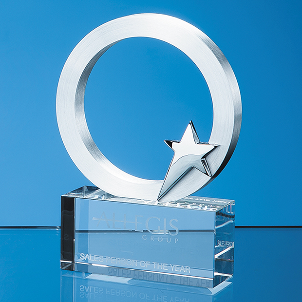 10cm Silver Star & Circle On An Optical Crystal Base