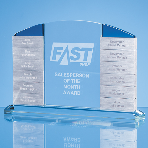 15cm X 22.5cm X 10mm Clear Glass 'Monthly' Arch Award With 12 X Winners Plaques