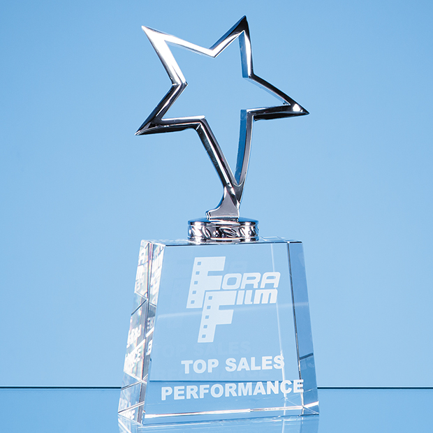 19.5cm Silver Star Mounted On An Optical Crystal Tapered Base